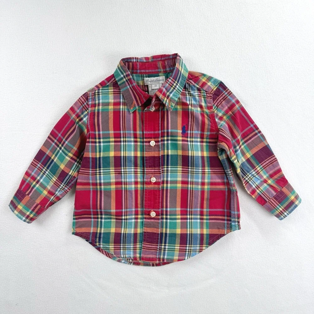 Ralph Lauren Toddler 12M Plaid Button Down Shirt Red Multi Long Sleeve Pony Logo